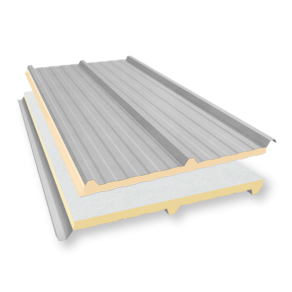 Isotelha Trapezoidal Térmica Sanduíche Sem Forro Cor de Aço Galvalume Natural – núcleo em PIR 30 mm