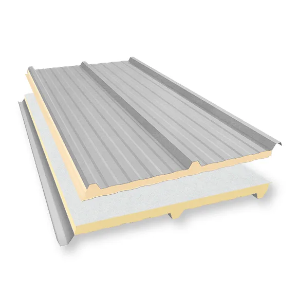 Isotelha Trapezoidal Térmica Sanduíche Sem Forro Cor de Aço Galvalume Natural – núcleo em PIR 20 mm