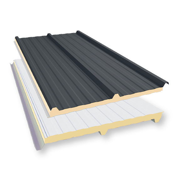 Isotelha Trapezoidal Térmica Sanduíche Cinza Carvão Mineral com Forro Branco – núcleo em PIR 50 mm