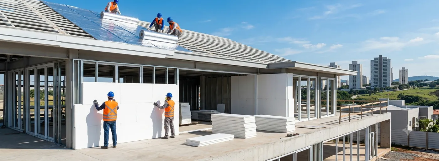 Equipe instalando isolamento em obra