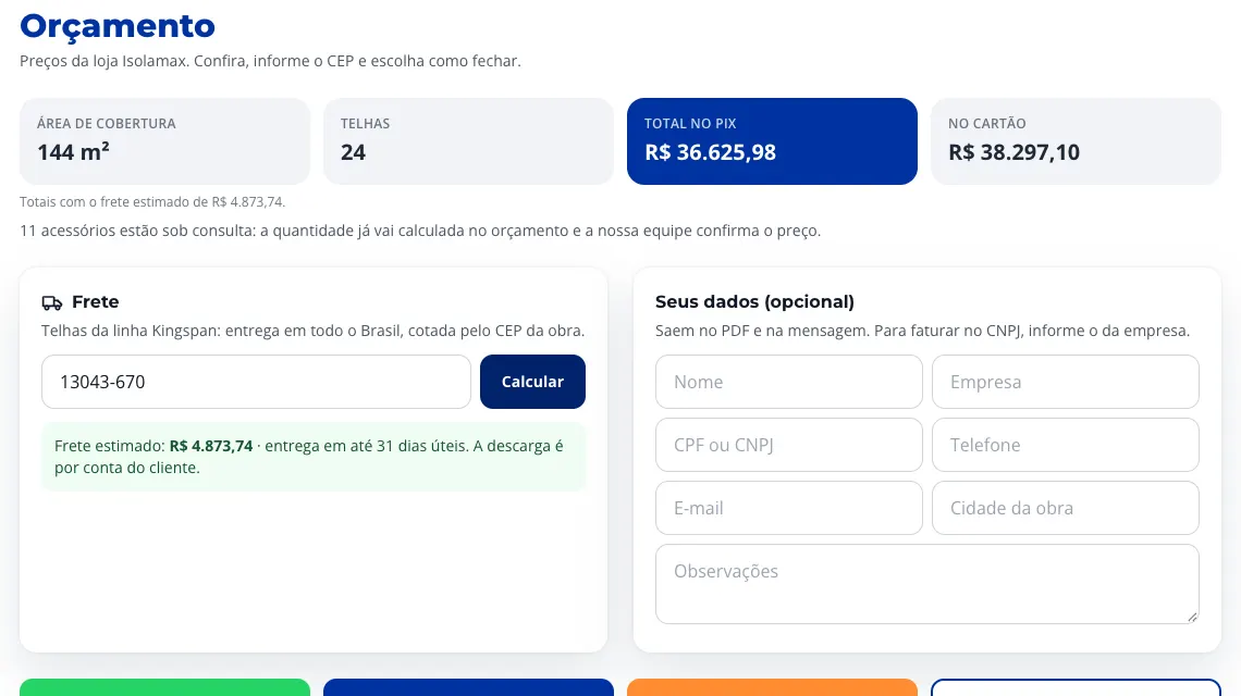 Orçamento do simulador com preço Pix e cartão